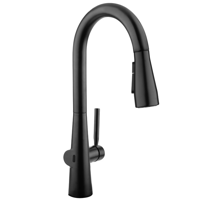 Brondell KFS15-MB Jema touchless faucet in matte black, angled view showing the sensor and no deck plate