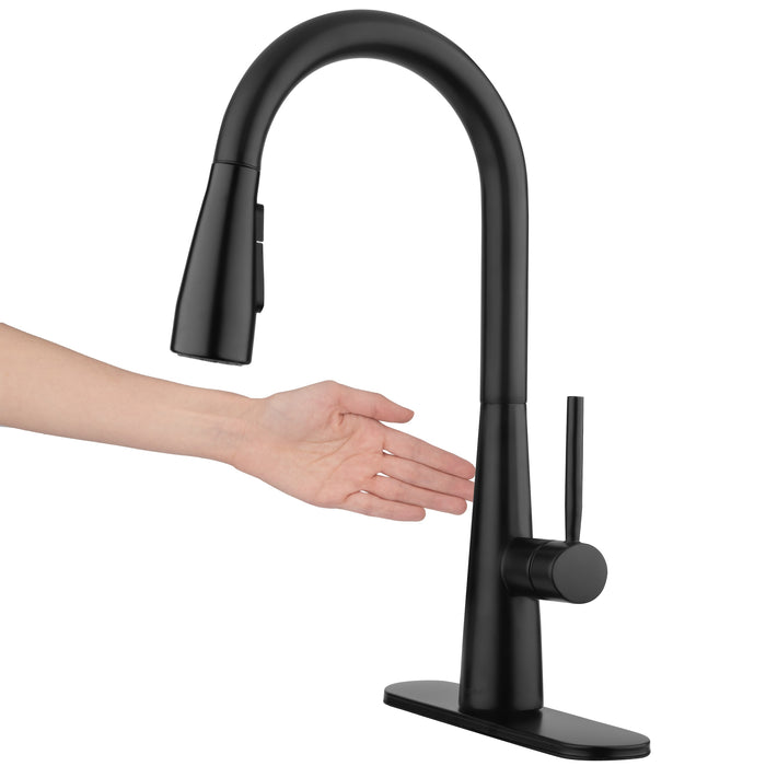 Brondell KFS15-MB hand waving beside the sensor on the Jema touchless faucet in matte black