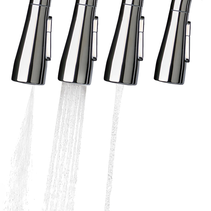 Brondell KFS15-MB Jema touchless sprayhead comparison showing three water patterns and pause mode