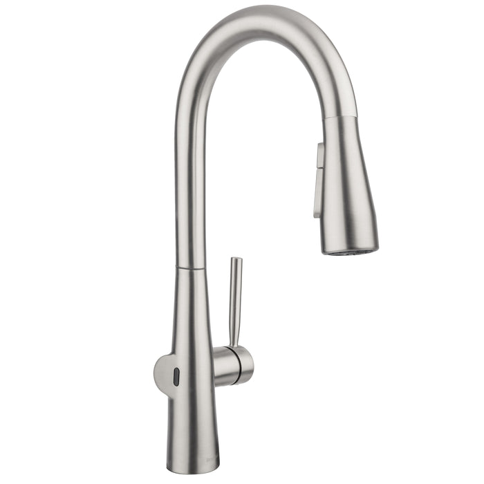 Brondell KFS15-SRS Jema touchless faucet in spotclear stainless, angled view showing the sensor and no deck plate