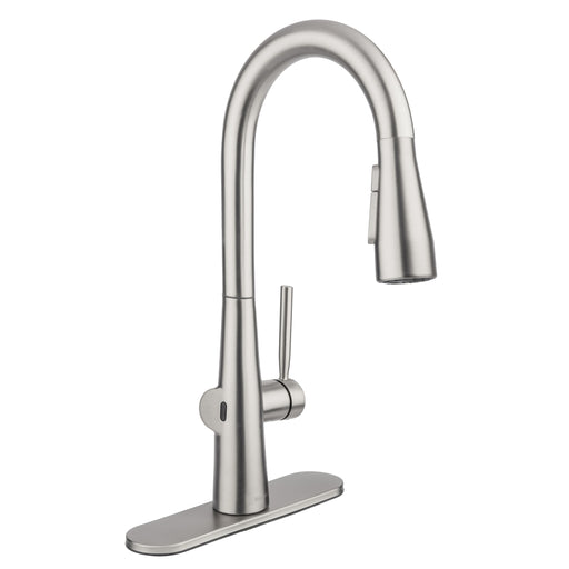 Brondell KFS15-SRS Jema touchless faucet in spotclear stainless with the matching deck plate and sensor visible