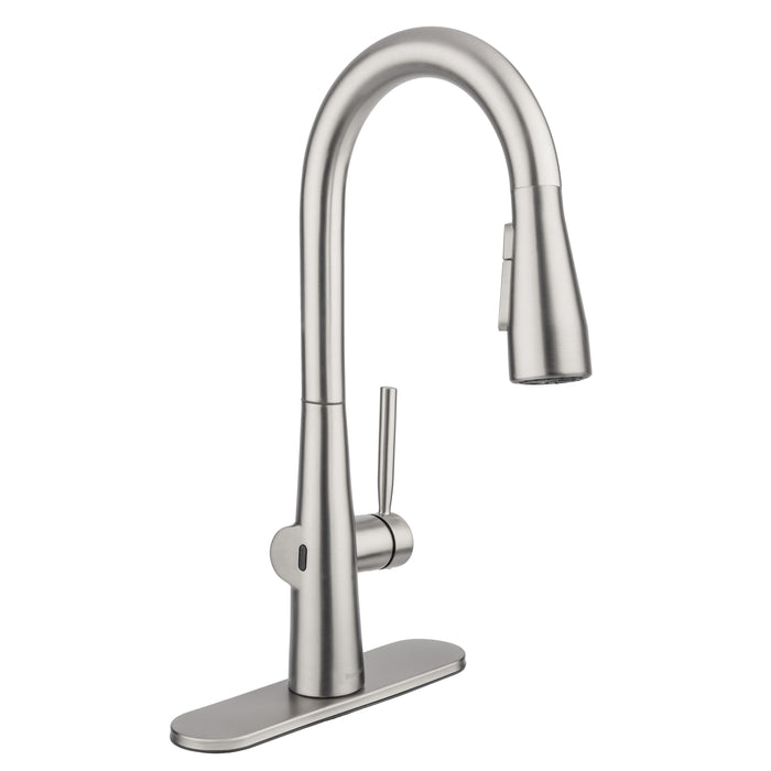 Brondell KFS15-SRS Jema touchless faucet in spotclear stainless with the matching deck plate and sensor visible