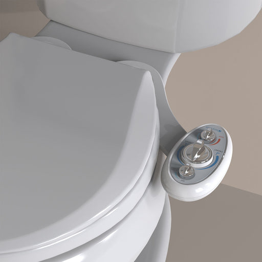 Brondell LH-22 SouthSpa left-side controls installed beside a closed toilet seat