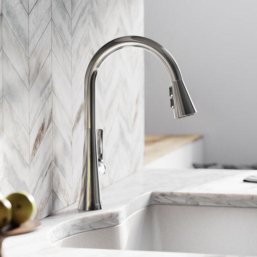 Elkay chrome pull-down kitchen faucet installed above a sink