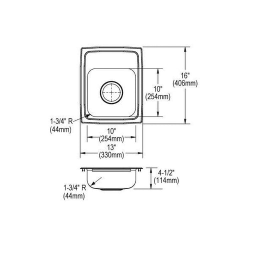 Dimension drawing for Elkay LRAD1316451 13" x 16" Stainless Steel 1-Hole Single-Bowl Drop-In Kitchen Sink in Lustrous Satin