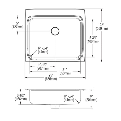 Dimension drawing for Elkay LRAD252265PD4 25" x 22" Stainless Steel 4-Hole Single-Bowl Drop-In Kitchen Sink in Lustrous Satin
