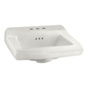 Commercial wall-hung vitreous china lavatory with backsplash, concealed front overflow, and 4" faucet centers