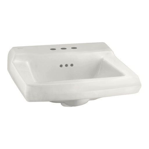 Commercial wall-hung vitreous china lavatory with backsplash, concealed front overflow, and 4" faucet centers