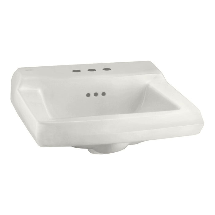 Commercial wall-hung vitreous china lavatory with backsplash, concealed front overflow, and 4" faucet centers