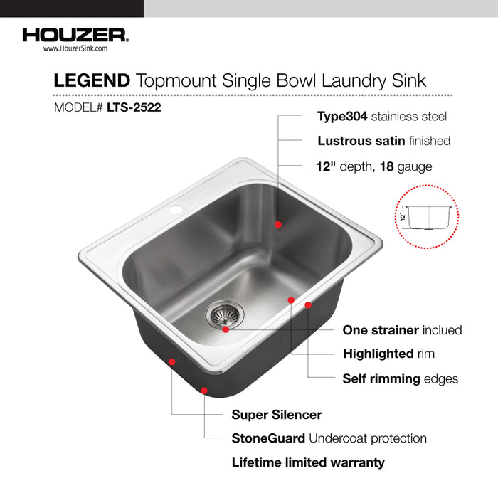 Houzer LTS-2522-1 Laundry 25" Stainless Steel Drop-in Topmount 1-Hole Single Bowl Sink 12" Deep Laundry Sink