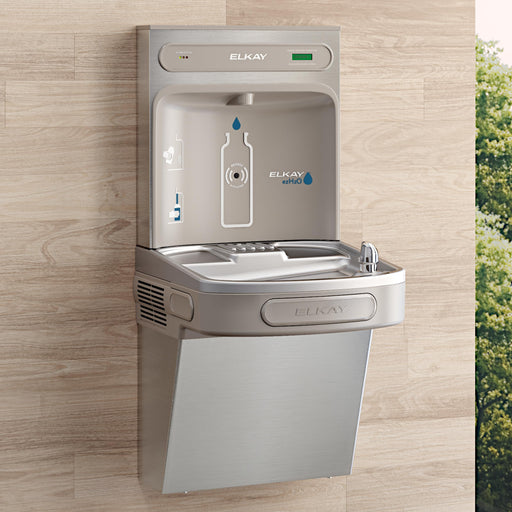Elkay bottle filling station and fountain installed on a tiled wall