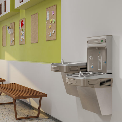 Elkay bi-level bottle filling station and drinking fountains in a school hallway