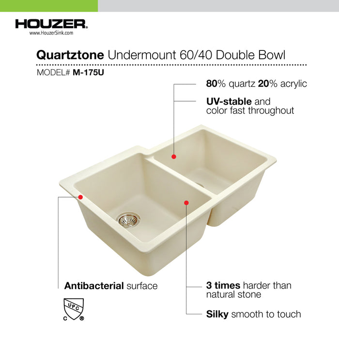 Houzer M-175U SAND Quartztone 33" Sand Granite Composite Undermount 60/40 Double Bowl Kitchen Sink