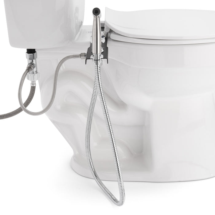 Brondell MBH-40-B side view of the installed CleanSpa sprayer hose and toilet water-supply connection