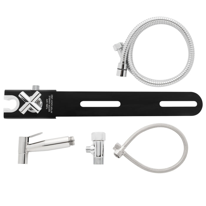 Brondell MBH-40-B CleanSpa black holster kit laid out overhead with sprayer, hoses, and T-valve