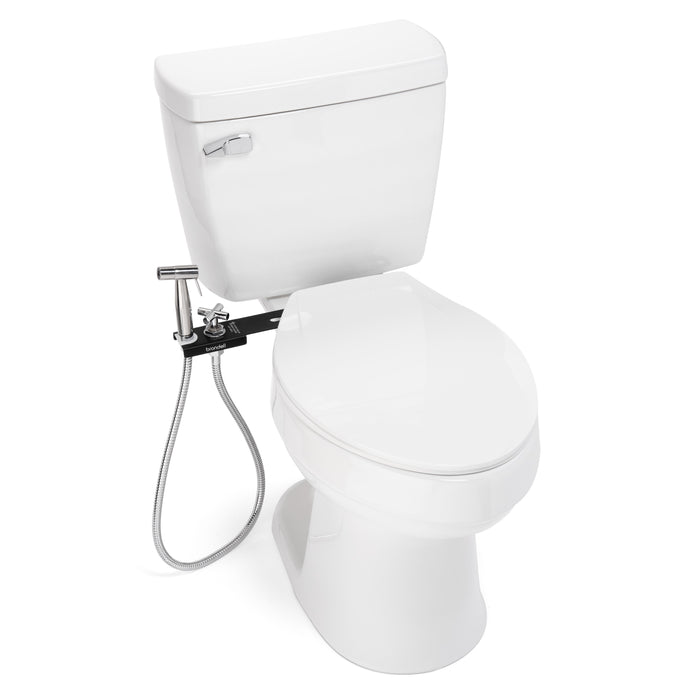 Brondell MBH-40-B black CleanSpa holster and hanging sprayer hose on a toilet, elevated angled view