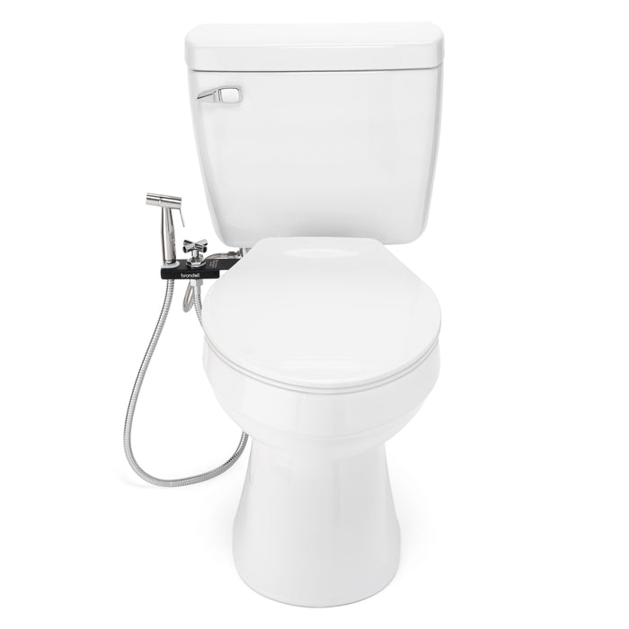 Brondell MBH-40-B CleanSpa sprayer in its black holster beside a toilet, full front view