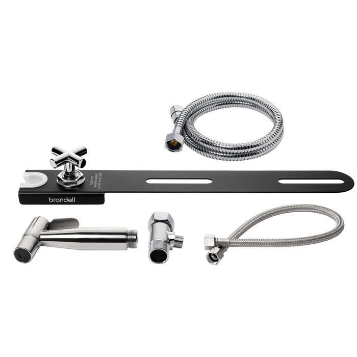 Brondell MBH-40-B angled layout of the black CleanSpa mounting plate, handheld sprayer, valve, and hoses