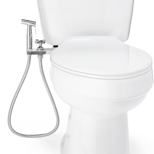 Brondell MBH-40-S stainless steel CleanSpa holster and handheld sprayer installed beside a closed toilet seat