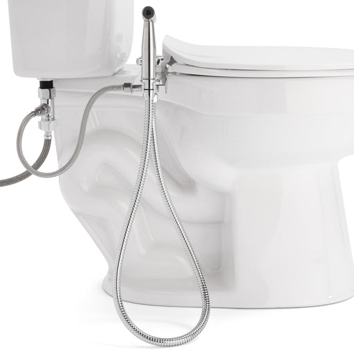 Brondell MBH-40-S side close-up of the CleanSpa sprayer, hanging hose, and connection beneath the toilet tank
