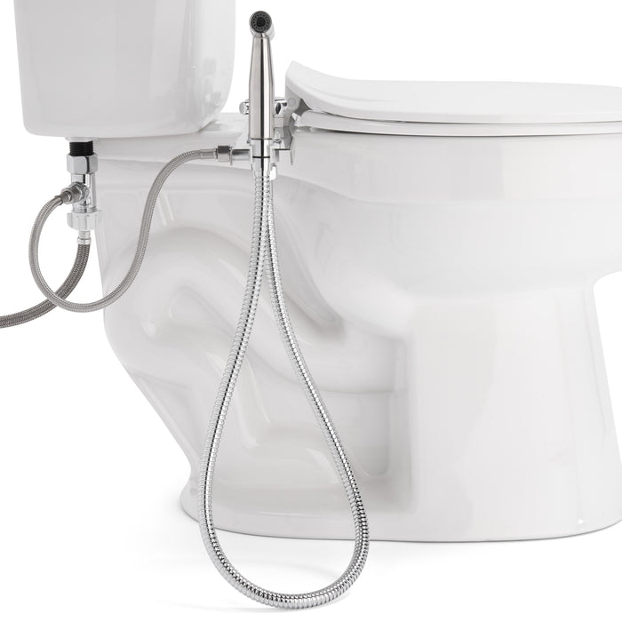 Brondell MBH-40-S side close-up of the CleanSpa sprayer, hanging hose, and connection beneath the toilet tank