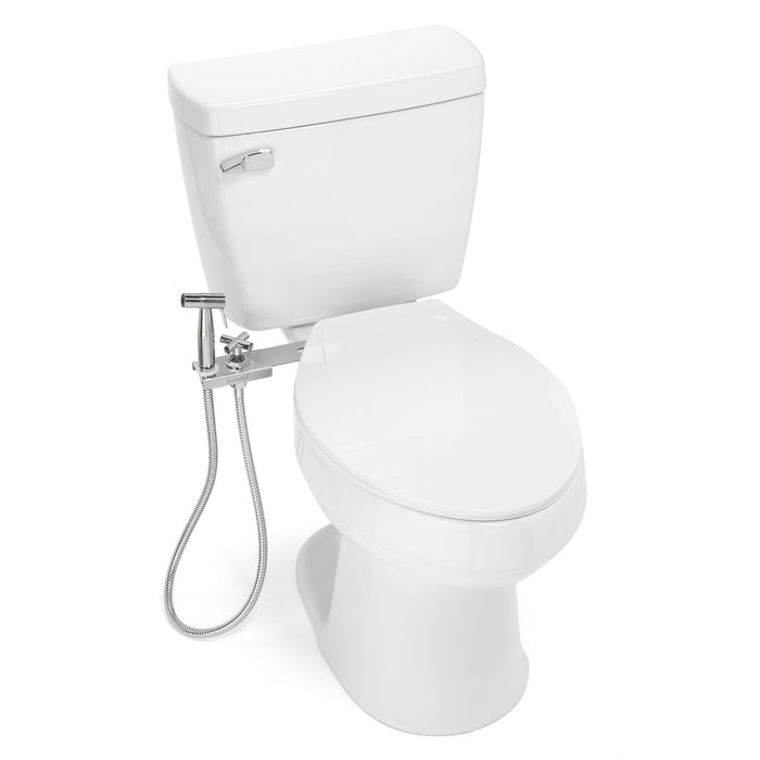 Brondell MBH-40-S toilet fitted with the stainless steel CleanSpa holster and sprayer, angled overhead view