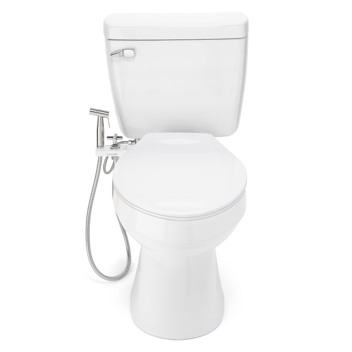 Brondell MBH-40-W toilet with the white CleanSpa holster beside the seat and hose hanging at the side