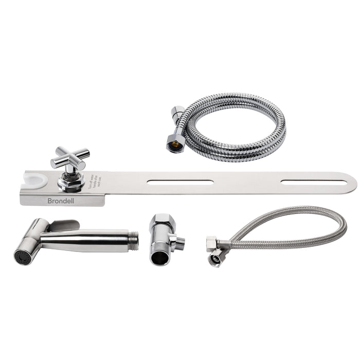 Brondell MBH-40-W white CleanSpa holster kit arranged with handheld sprayer, T-valve, and coiled hoses