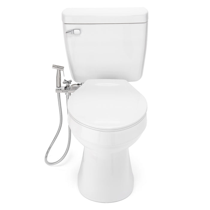 Brondell MBH-40-W white CleanSpa holster and handheld sprayer fitted beside a toilet, front view