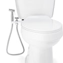 Brondell MBH-40-W close-up of the white CleanSpa holster and hanging sprayer hose beside a closed toilet seat
