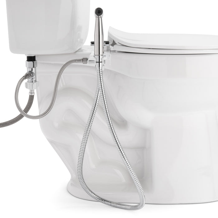 Brondell MBH-40-W side view of the installed CleanSpa hoses and water connection below the toilet tank