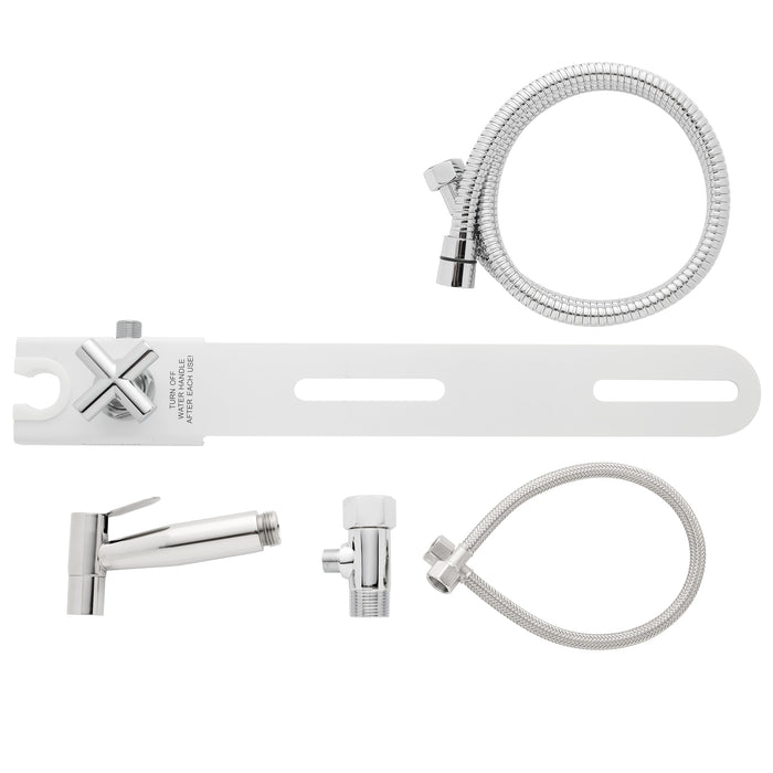 Brondell MBH-40-W overhead layout of the white CleanSpa mounting plate, shut-off knob, sprayer, and fittings