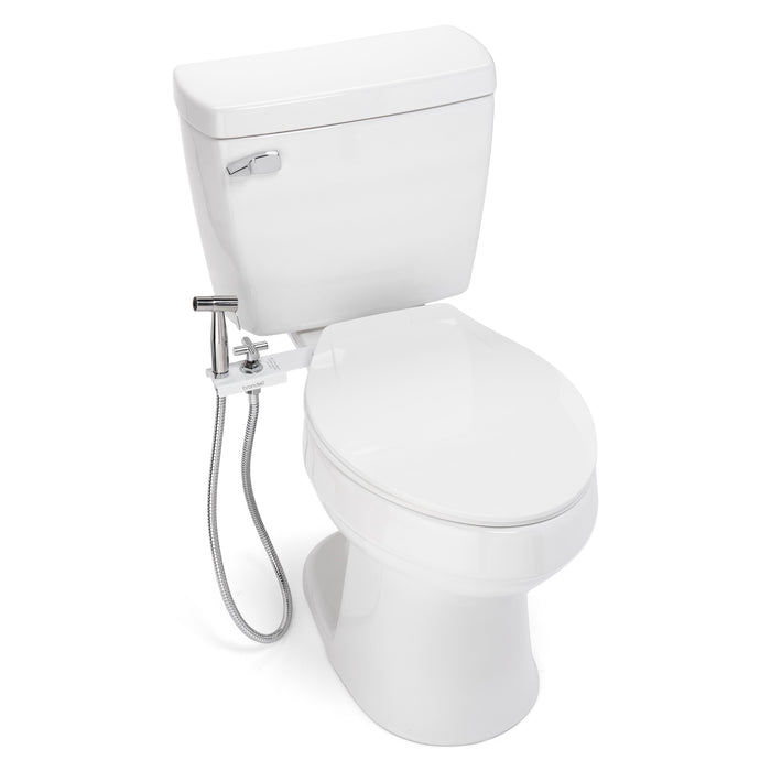 Brondell MBH-40-W white CleanSpa holster and sprayer installed on a toilet, elevated three-quarter view