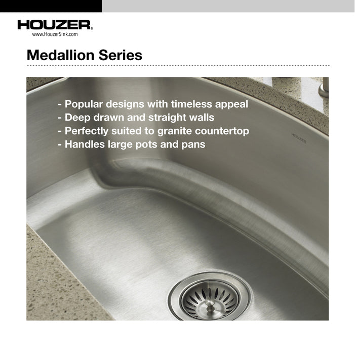 Houzer MD-3109-1 Medallion 31" Undermount 50/50 Double Bowl Kitchen Sink with Strainer