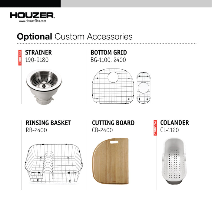 Houzer MG-3209SR-1 Medallion 32" Undermount 80/20 Double Bowl Kitchen Sink with Strainers & Colander