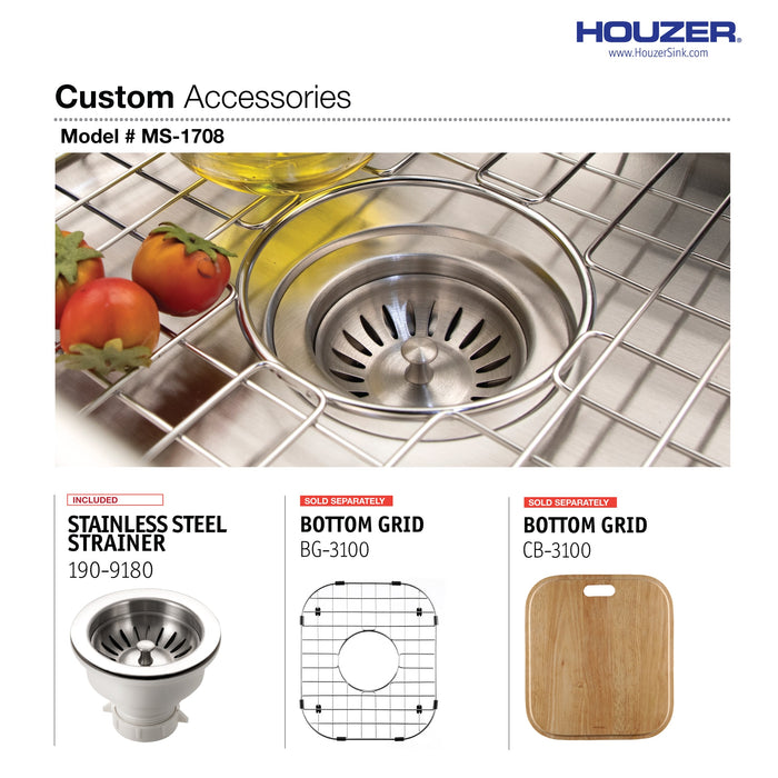 Houzer MS-1708-1 Club 17" Undermount Bowl Bar and Prep Sink with Strainer