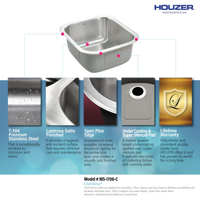 Houzer MS-1708-C Club 17" Undermount Bowl Bar and Prep Sink with Strainer & Bottom Grid