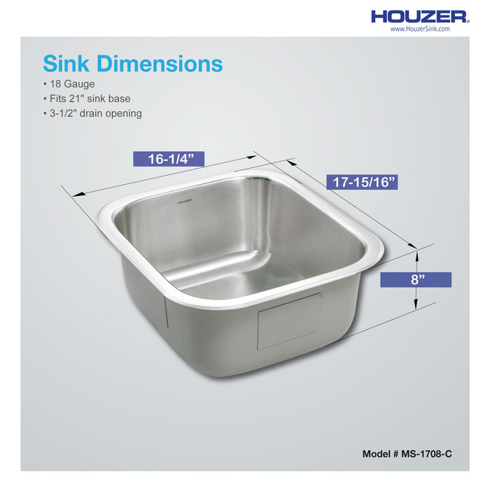 Houzer MS-1708-C Club 17" Undermount Bowl Bar and Prep Sink with Strainer & Bottom Grid