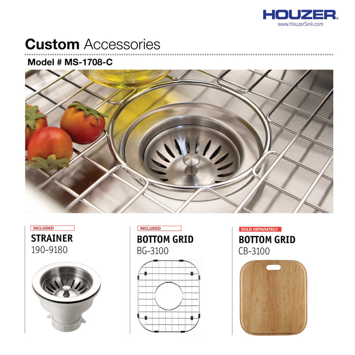 Houzer MS-1708-C Club 17" Undermount Bowl Bar and Prep Sink with Strainer & Bottom Grid