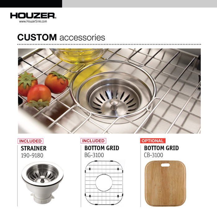Houzer MS-1708-C Club 17" Undermount Bowl Bar and Prep Sink with Strainer & Bottom Grid