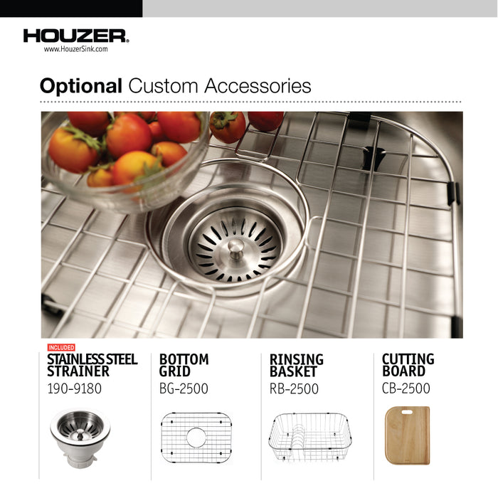 Houzer MS-2309-1 Medallion 23" Undermount 9" Deep Single Bowl Kitchen Sink with Strainer
