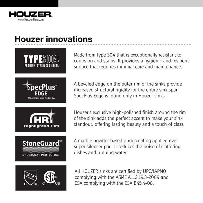 Houzer MS-2309-C Medallion Classic 23" Undermount Single Bowl Kitchen Sink with Strainer& Grid