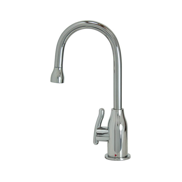 Hot water faucet with modern curved body and handle in brushed nickel finish.