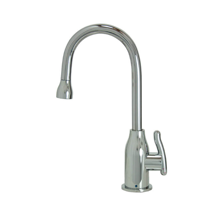 Point-of-use drinking faucet with modern curved body and handle in brushed nickel finish.