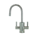 Hot and cold water faucet with contemporary round body and handles in matte black finish.