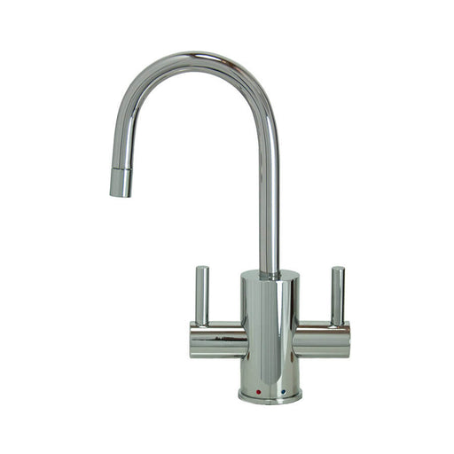 Hot and cold water faucet with contemporary round body and handles in matte black finish.