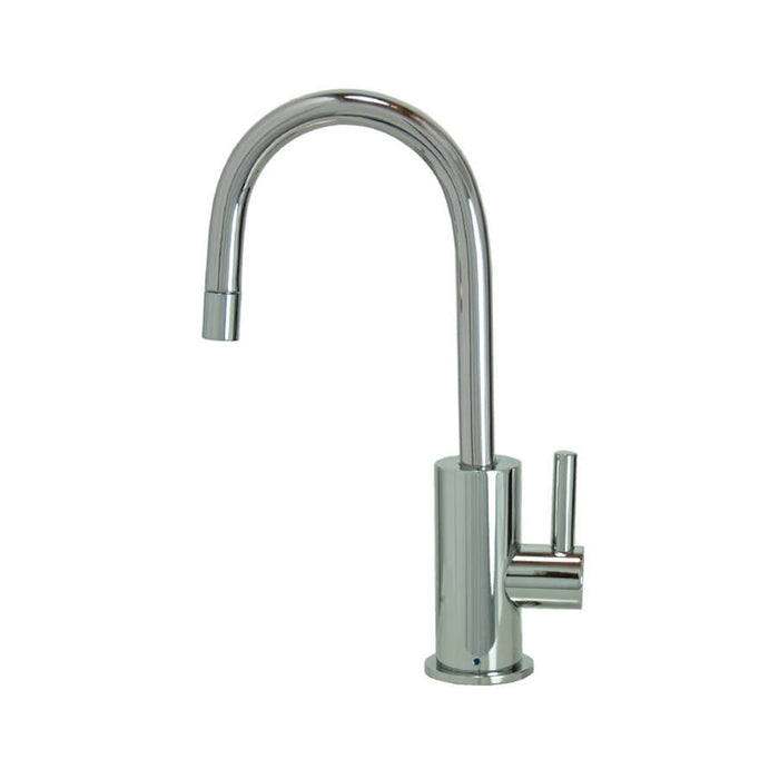Point-of-use drinking faucet with contemporary round body and handle in brushed nickel finish.