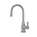 Point-of-use drinking faucet with traditional curved body and curved handle in brushed stainless finish.