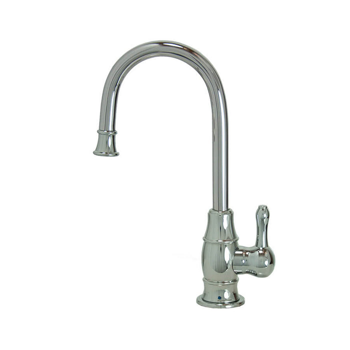 Point-of-use drinking faucet with traditional curved body and curved handle in brushed stainless finish.