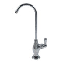 Point-of-use drinking faucet with teardrop base and side handle in polished nickel finish.
